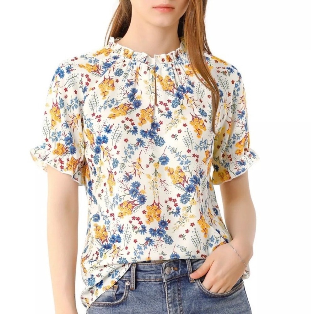 Allegra K Womens Floral Ruffle Mock Neck Short Puff Sleeve Blouse White L NWT